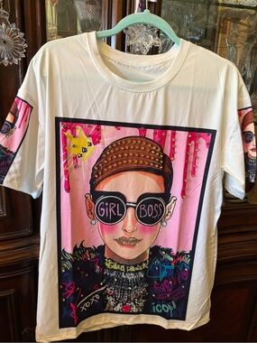 Girl Boss Graphic Ladies T-Shirt — White with Pink Art Fits L/Xl